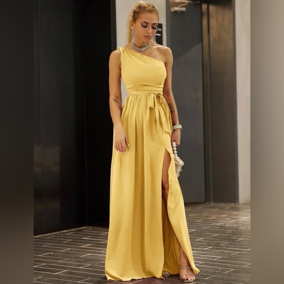 NWOT Yellow Twist Shoulder Belted Sexy Split Thigh Joyfunear Dress XL - Picture 2 of 14